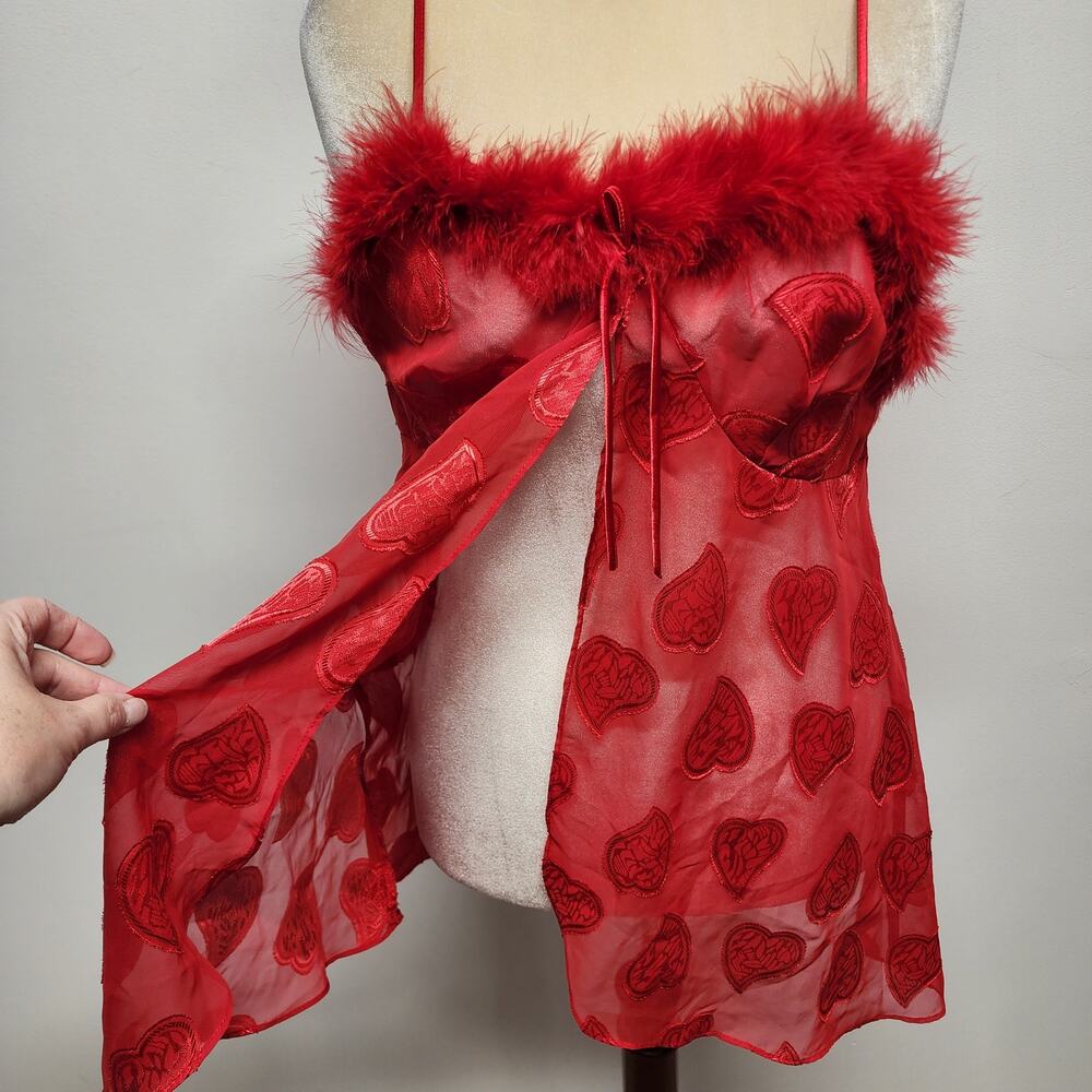Vintage Babydoll Nighty Lingerie L Red Heart Flyaway Chiffon Maribou Feathers